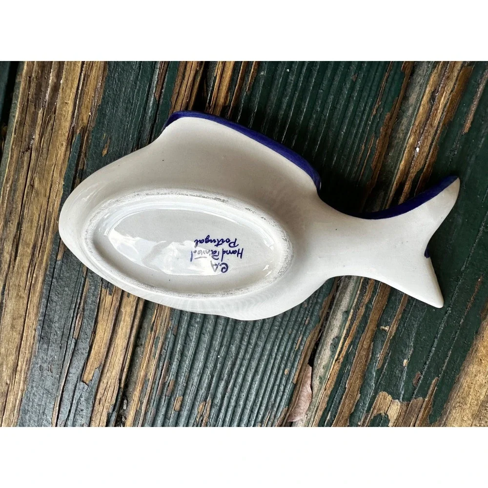 CA Hand Painted Portugal Ceramic Fish Dish Blue White Trinket Tray Coastal 8in